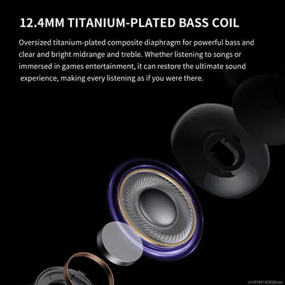 Close-up of realme buds t310 earphones 12.4mm titanium-plated bass coil with oversized silver diaphragm and purple ring accent