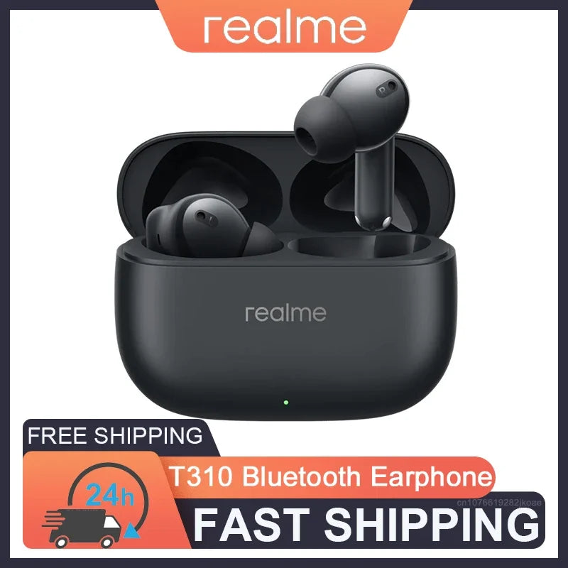 Black realme buds t310 earphones with 46db active noise cancelling in matching charging case wireless bluetooth 5.4