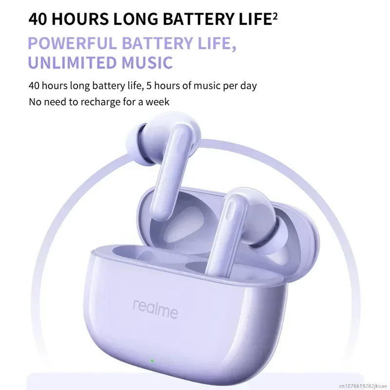Lavender realme buds t310 earphones with 46db active noise cancelling and 40 hours battery in matching charging case