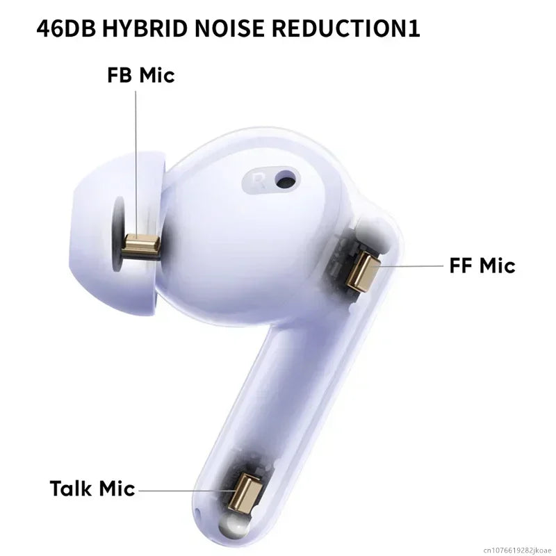 White realme buds t310 earphones with gold microphone components and ergonomic design featuring 46db active noise cancelling