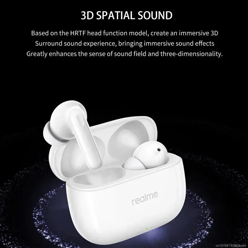 White realme buds t310 earphones in a sleek glossy charging case with 46db active noise cancelling and bluetooth 5.4
