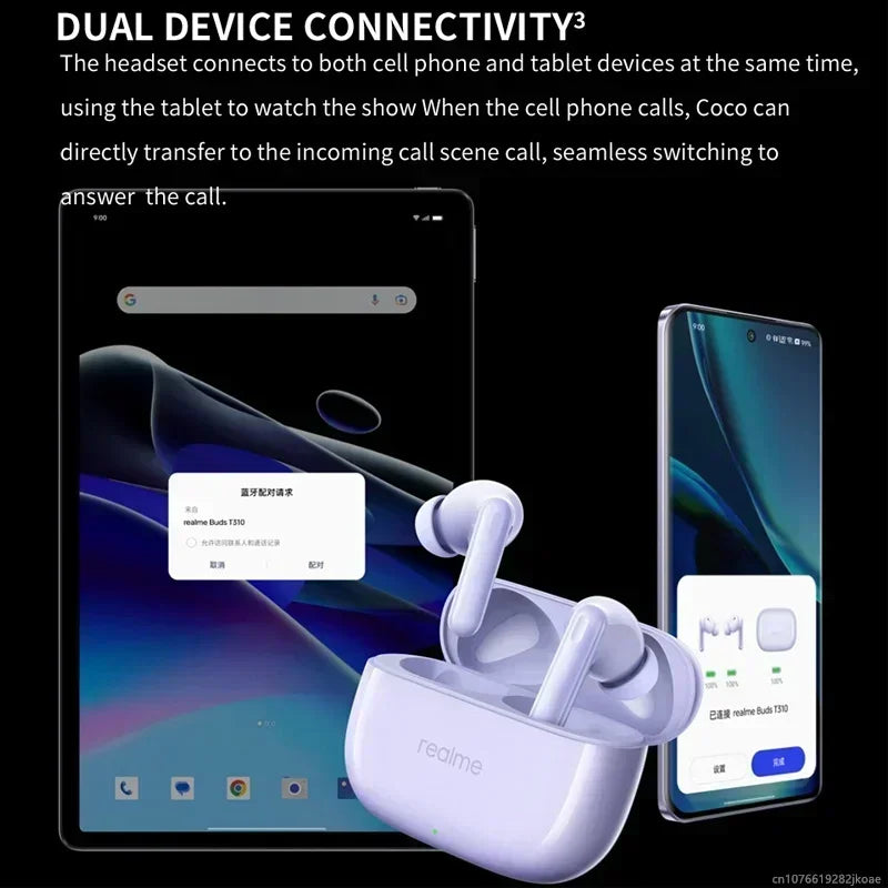 Realme buds t310 white wireless earphones with 46db active noise cancelling in matching charging case