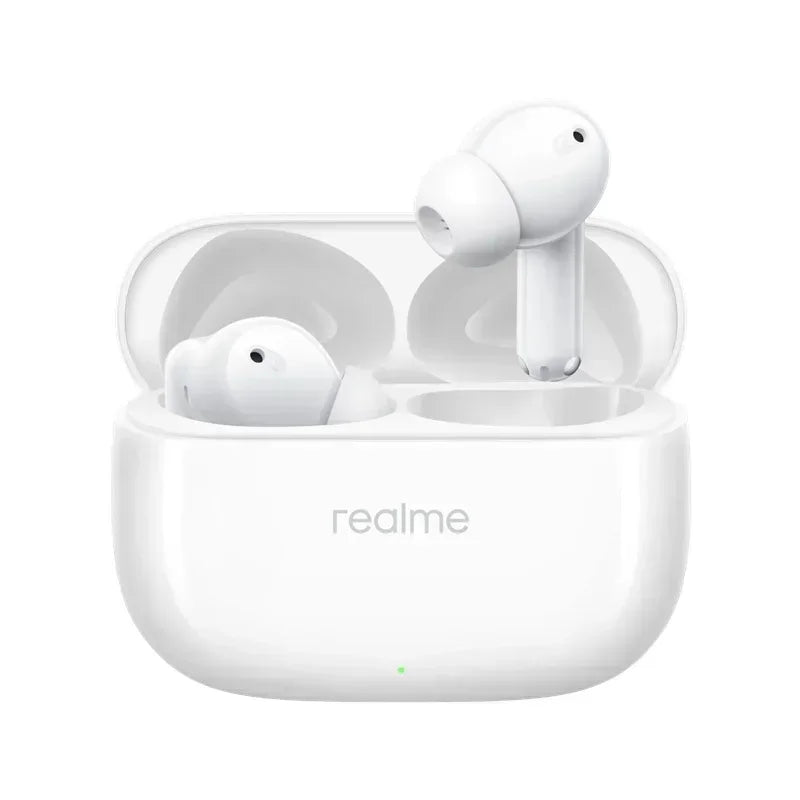 White realme buds t310 earphones wireless earbuds in matching charging case with 46db active noise cancelling and bluetooth 5.4