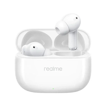 White realme buds t310 earphones wireless earbuds in matching charging case with 46db active noise cancelling and bluetooth 5.4