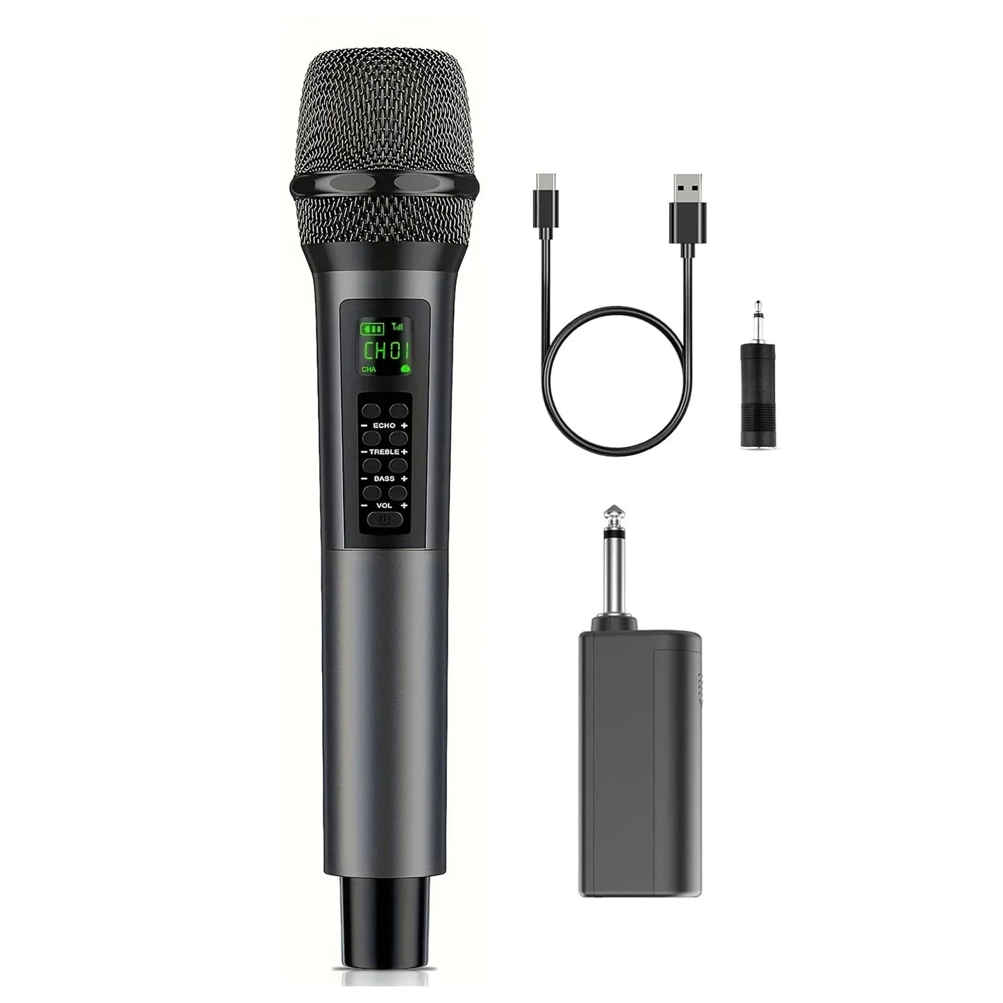 Black rechargeable handheld wireless microphone with mesh grille, control buttons, and lcd screen for karaoke singing