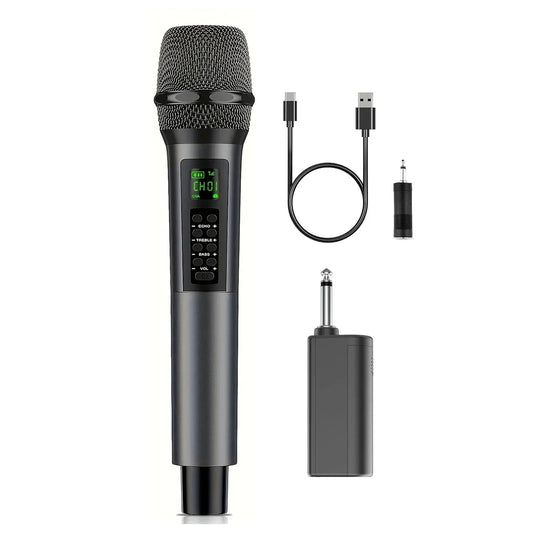 Black rechargeable handheld wireless microphone with mesh grille echo treble bass control for karaoke singing