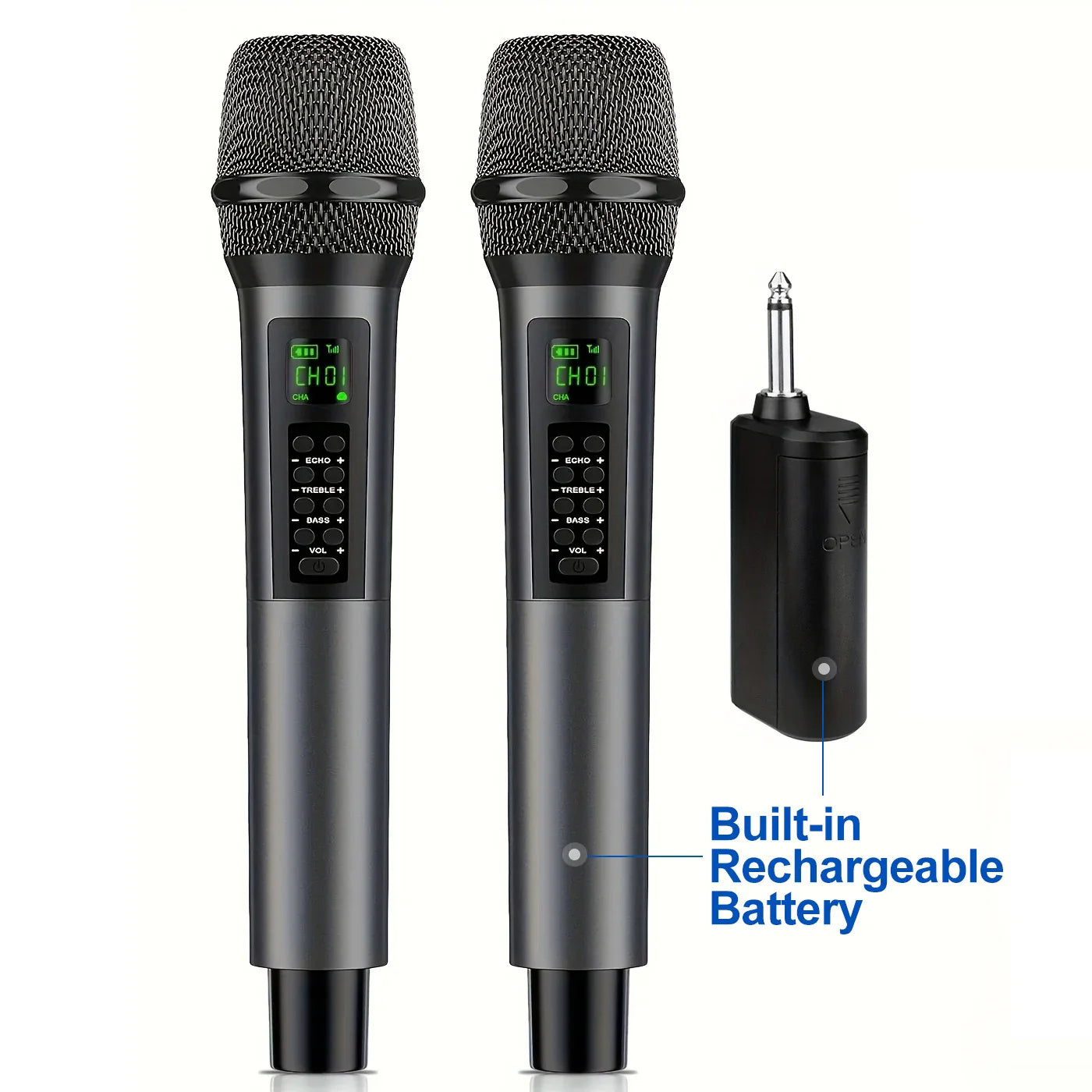 Black rechargeable handheld wireless microphones with mesh grilles digital displays echo treble bass vol control for karaoke