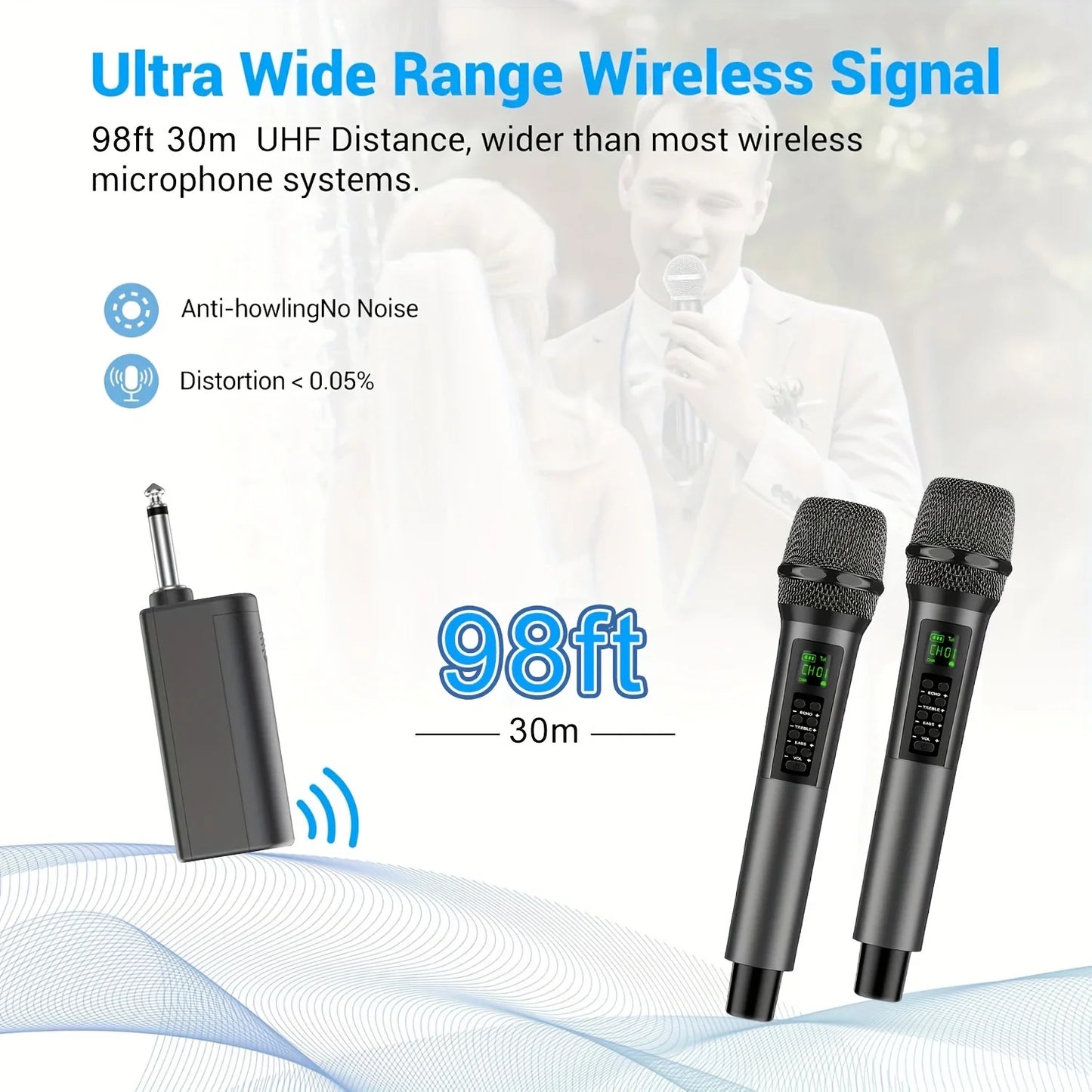 Black rechargeable handheld wireless microphones with digital display mesh grille and matching receiver for karaoke singing