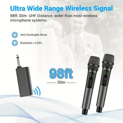 Black rechargeable handheld wireless microphones with echo treble bass control and a matching black receiver unit for karaoke singing