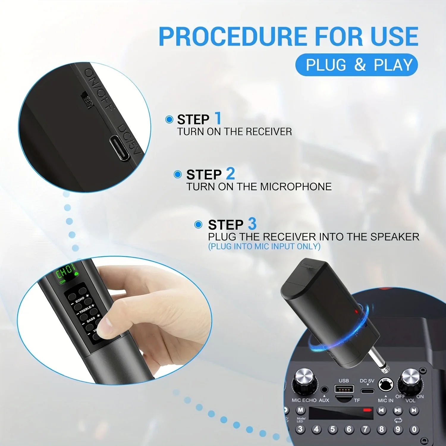 Black rechargeable handheld wireless microphone with digital display and echo treble bass vol control for karaoke singing