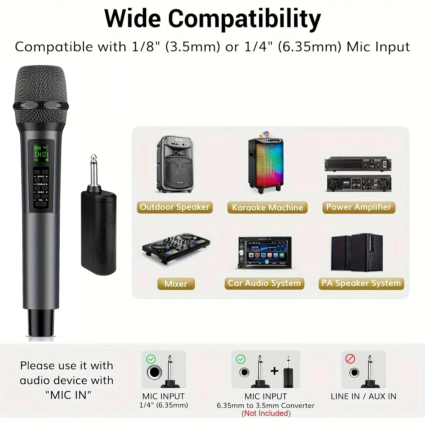Black rechargeable handheld wireless microphone with mesh grille and digital display featuring echo treble bass controls