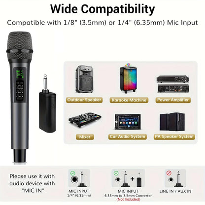 Black rechargeable handheld wireless microphone with mesh grille and digital display paired with matching receiver for karaoke singing