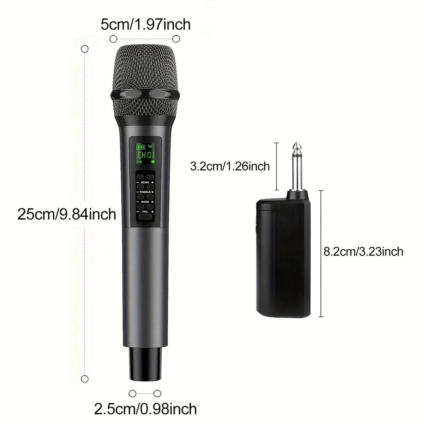 Black wireless handheld microphone with mesh grille and digital display paired with compact receiver for karaoke singing