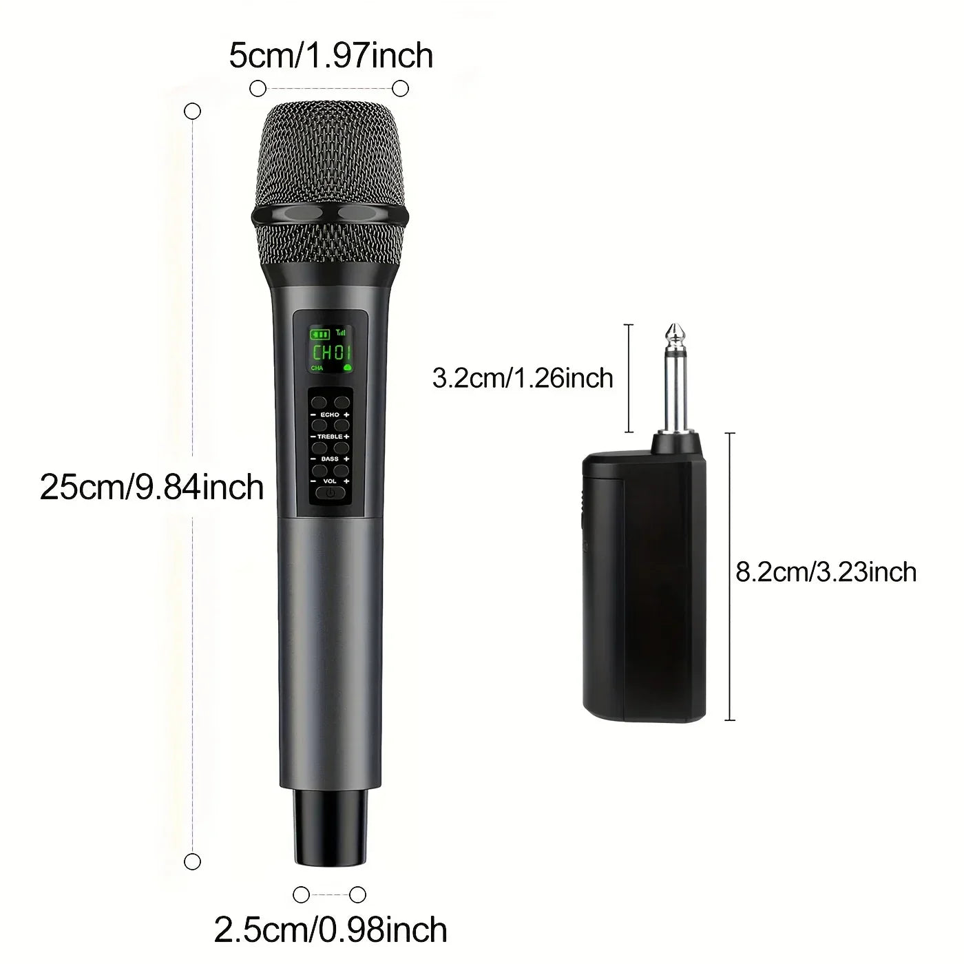 Black rechargeable handheld wireless microphone with mesh grille digital display and echo treble bass control for karaoke