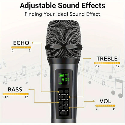 Black rechargeable handheld wireless microphone with mesh grille, digital display, and echo treble bass volume control for karaoke
