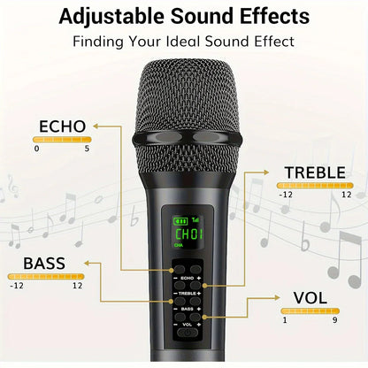 Black rechargeable handheld wireless microphone with metallic mesh grille and digital display showing echo treble bass controls