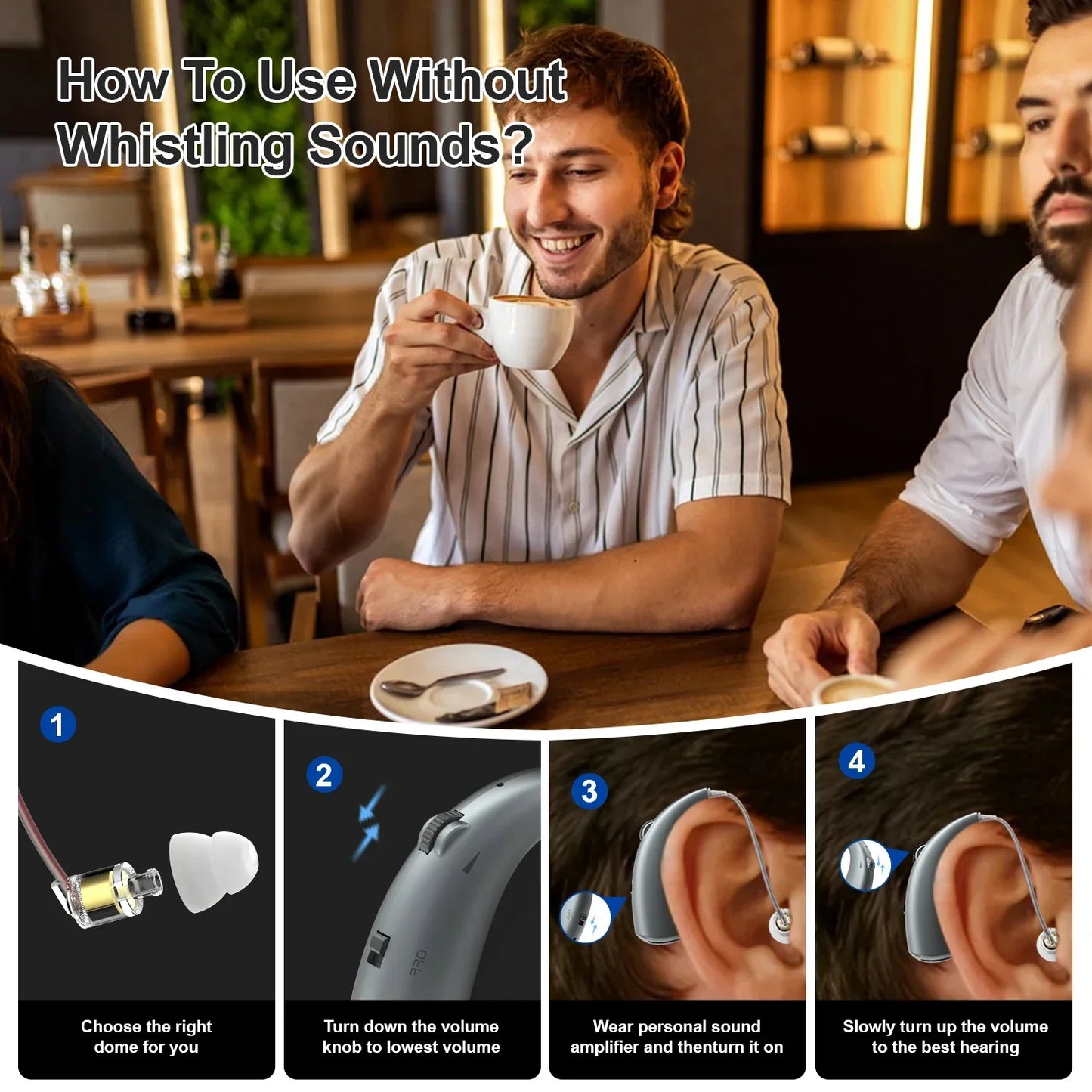 Gray behind-the-ear hearing aid amplifier with white silicone dome and built-in battery for moderate hearing loss meeting travel use