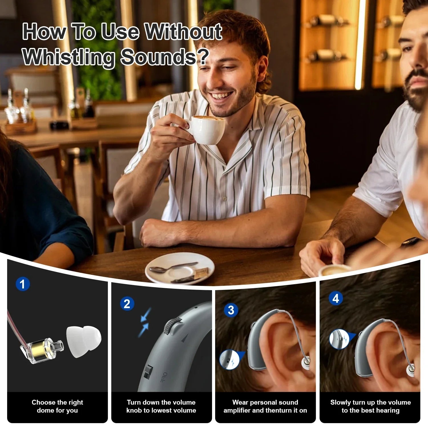 Gray behind-the-ear hearing aid amplifier with white silicone dome and built-in battery for moderate hearing loss meeting travel use
