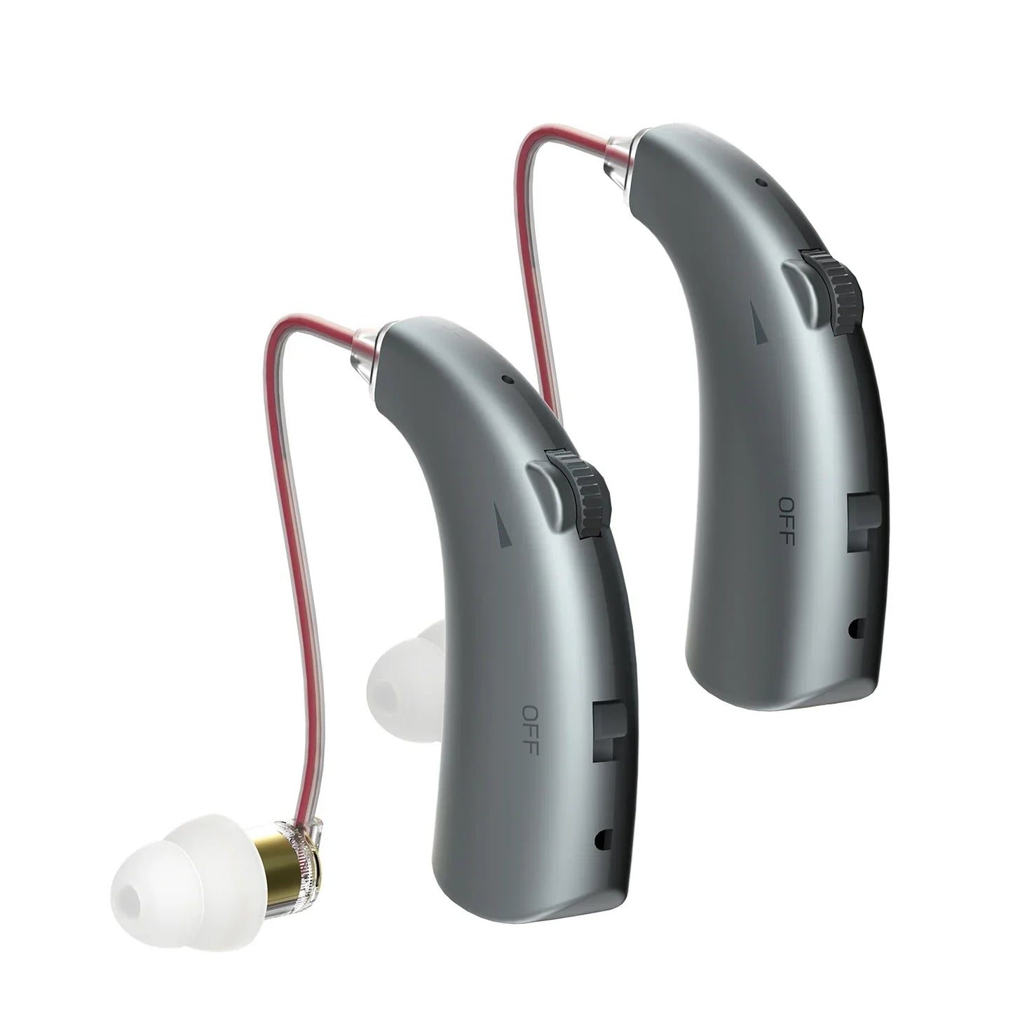 Gray behind-the-ear rechargeable hearing aids with red wiring and white ear tips for moderate hearing loss meeting travel use with built-in battery