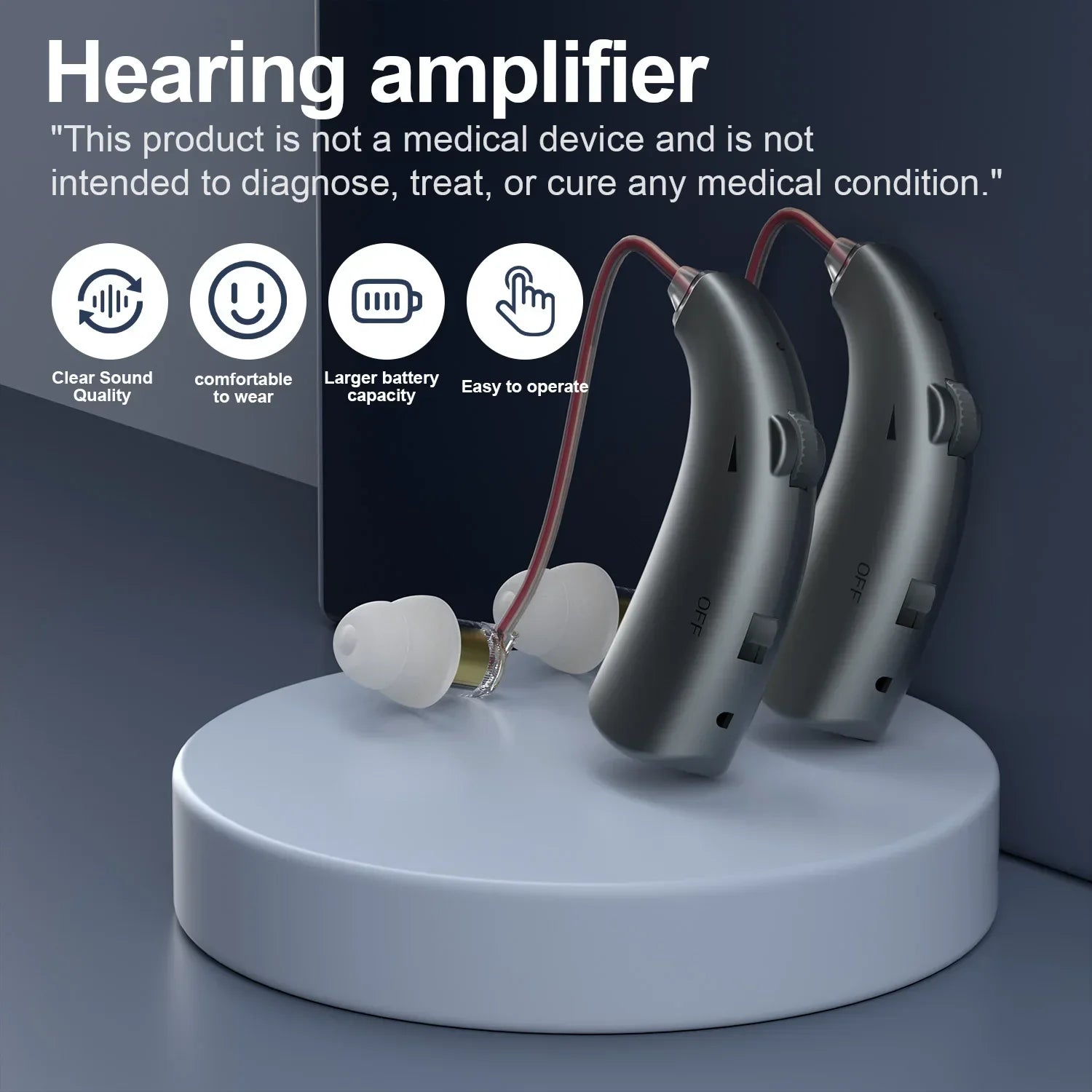 Silver-colored sleek hearing amplifiers with white ear tips and red wiring featuring built-in battery for moderate hearing loss meeting travel use