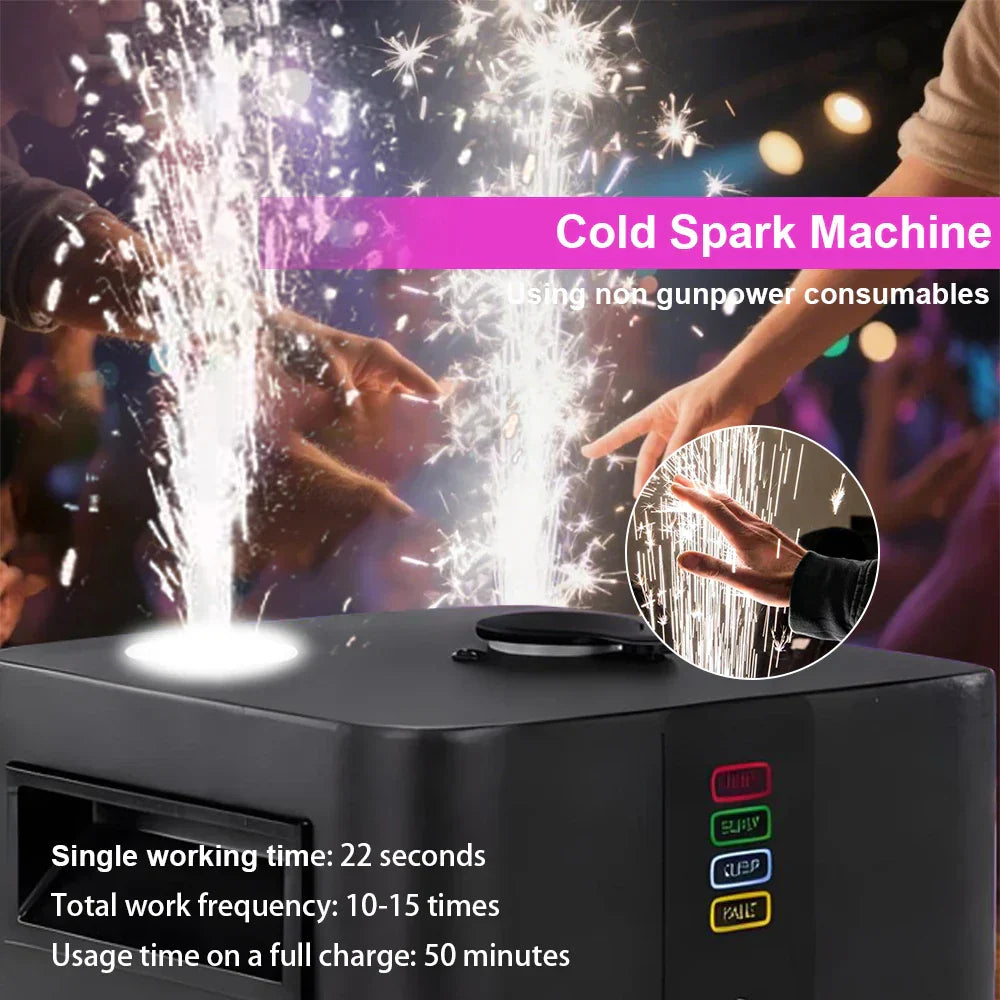 Black rectangular rechargeable mini cold spark machine with colorful buttons and glowing spark effect for disco stage light electronic equipment dmx
