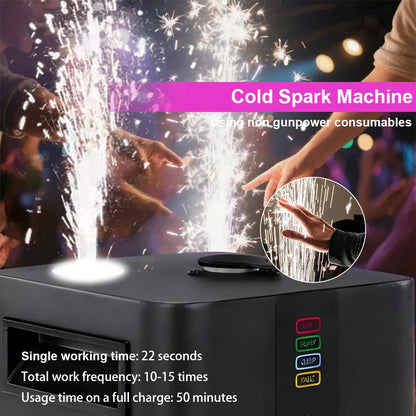 Black rectangular rechargeable mini cold spark machine with colorful buttons and glowing spark effect for disco stage light electronic equipment dmx