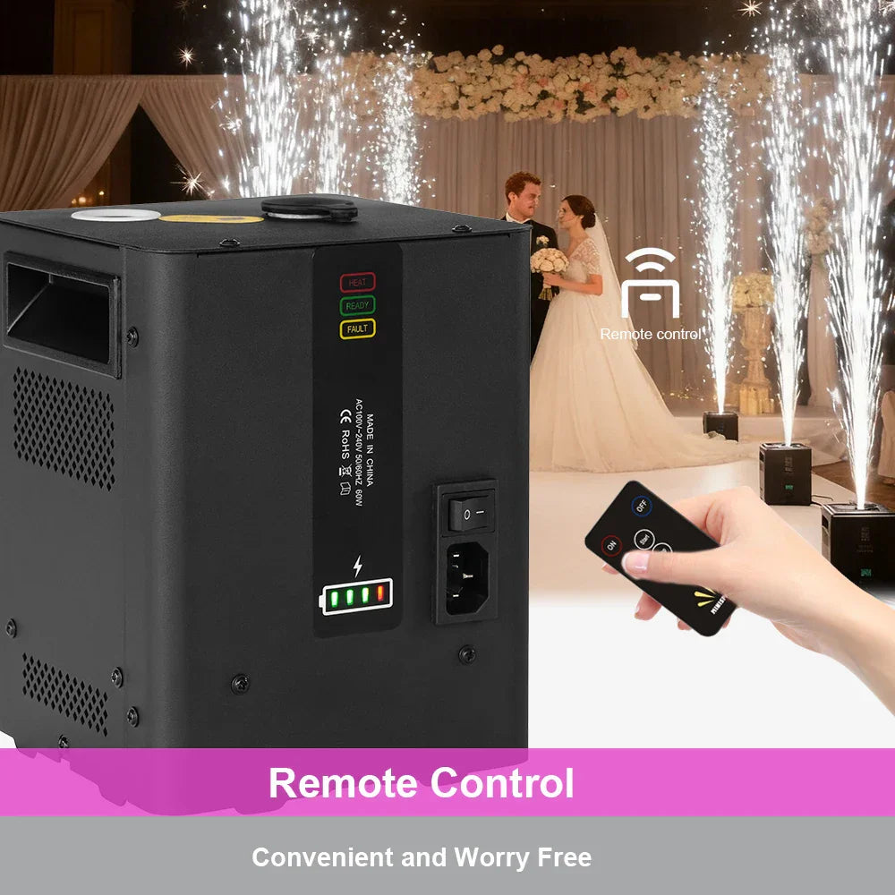 Black rectangular rechargeable mini cold spark firework controller with indicator lights and remote for disco stage light use