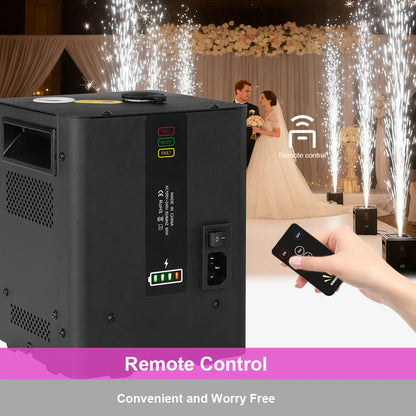 Black rectangular rechargeable mini cold spark firework controller with indicator lights and remote for disco stage light use