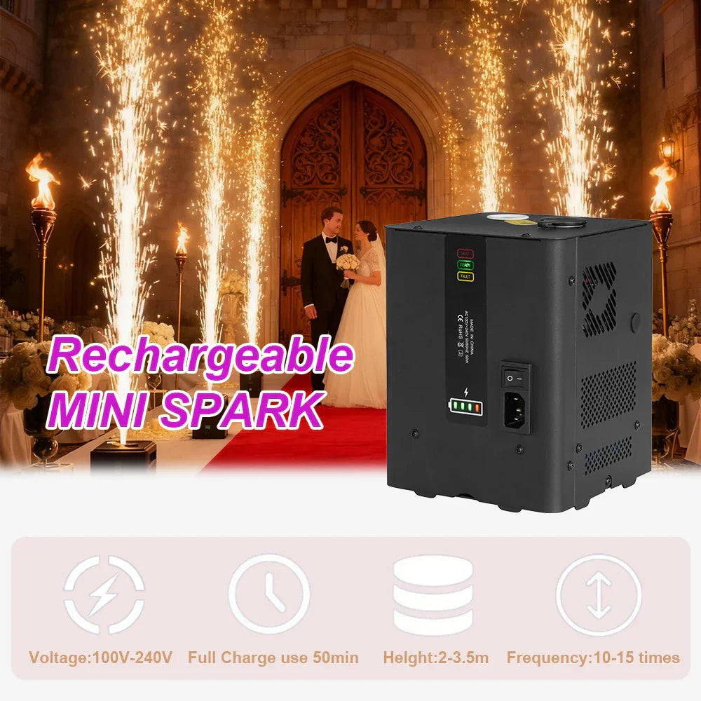 Black rectangular rechargeable mini cold spark generator with ventilation grilles and indicator lights for disco stage light electronic equipment dmx use