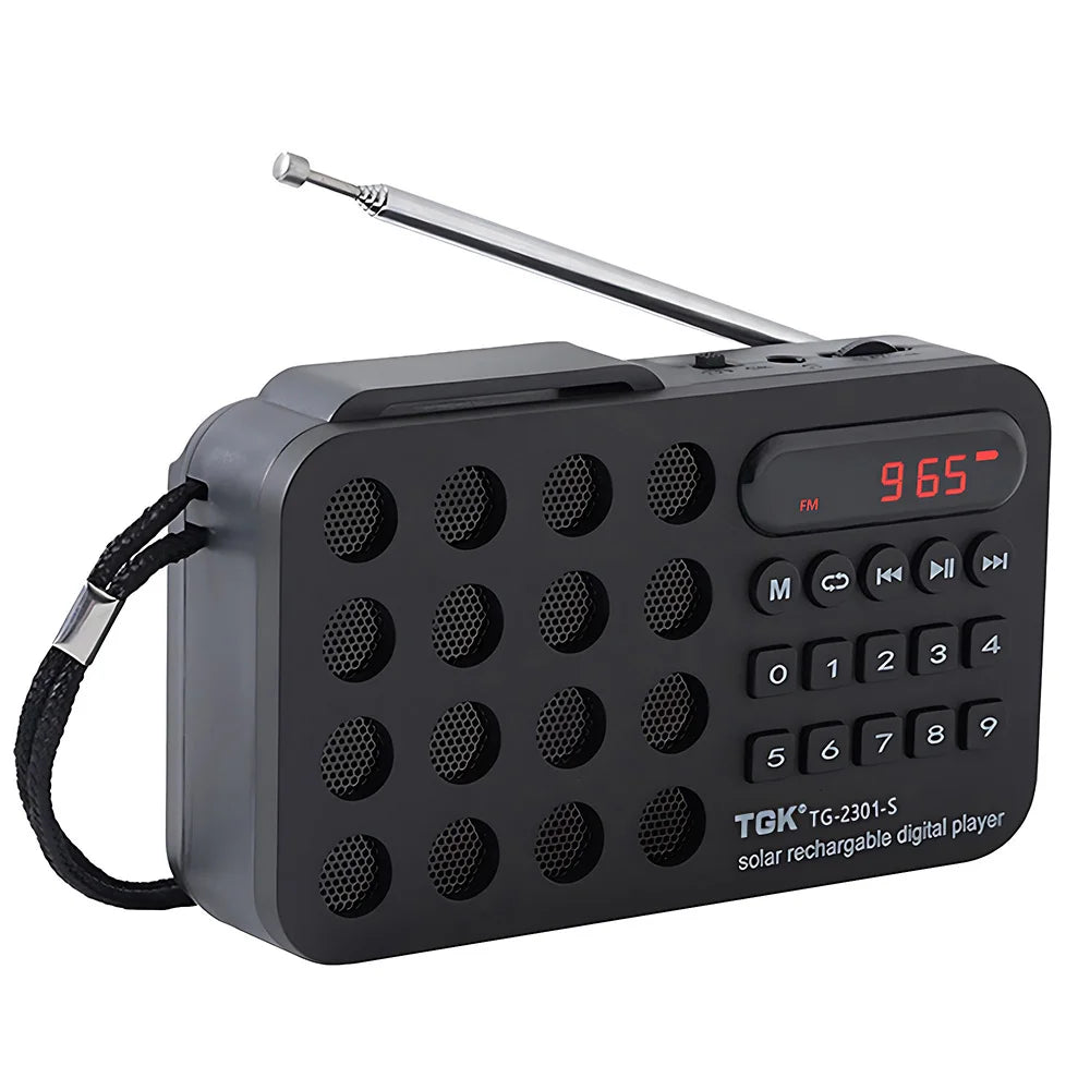 Black plastic portable fm radio with telescopic antenna numeric keypad rechargeable mini solar bluetooth player