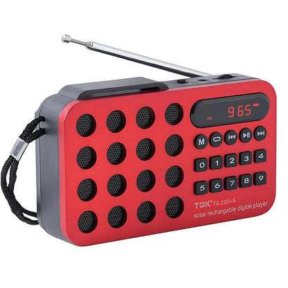 Red and gray tgtk tg-2301-s portable fm radio mini solar bluetooth speaker with numeric keypad and telescopic antenna