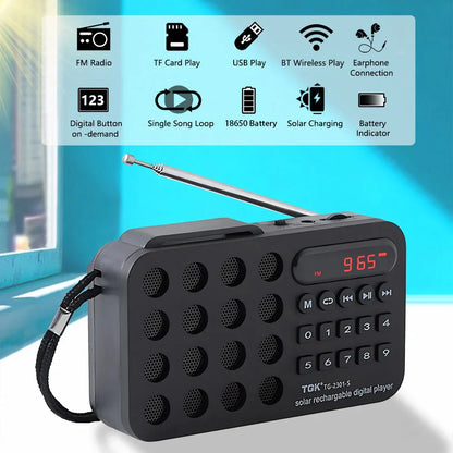Black tdk te-2301-s portable fm radio mini solar bluetooth with numeric keypad and telescopic antenna for card mp3 music use