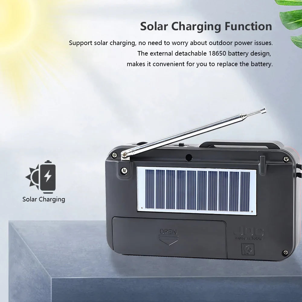 Gray portable fm radio with detachable 18650 battery and extendable metal antenna for mini solar bluetooth and card mp3 music use