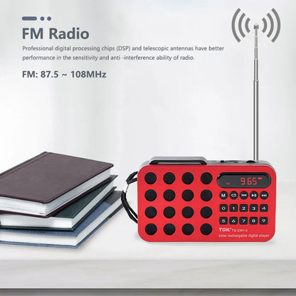 Red tdk tg-2301-s portable fm radio with mini solar bluetooth, black speaker grilles, telescopic antenna, and card mp3 music support