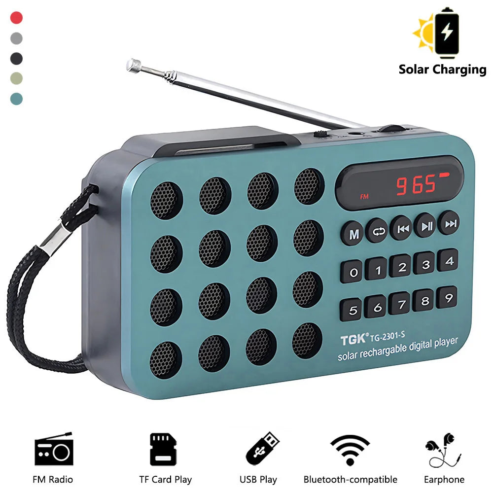 Teal and gray rechargeable portable fm radio mini solar bluetooth with telescopic antenna and digital fm display 96.5