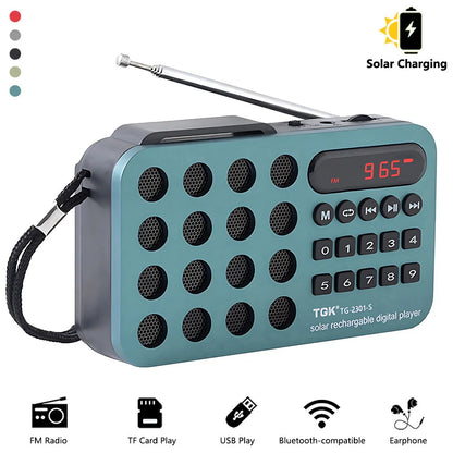 Teal and gray rechargeable portable fm radio mini solar bluetooth with telescopic antenna and digital fm display 96.5