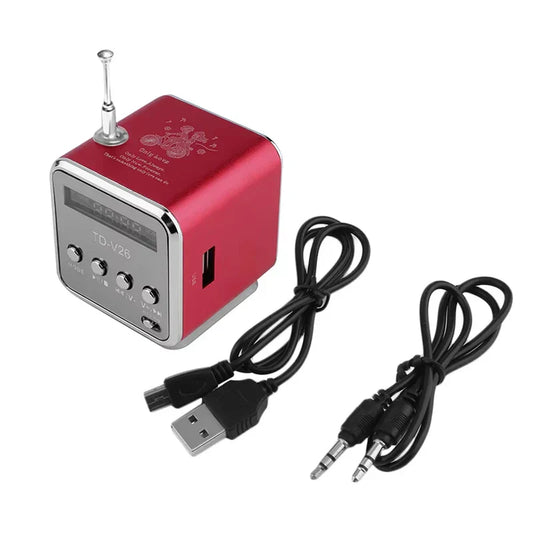 Red rechargeable portable radio fm portable mini cube speaker with silver trim bluetooth portable voice and control buttons