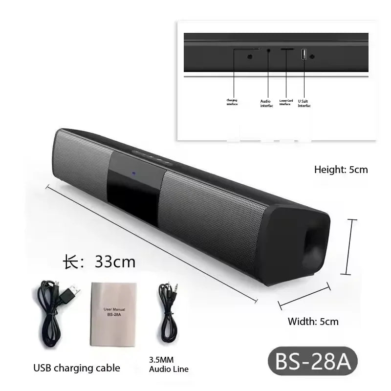 Black bs-28a rechargeable wireless bluetooth speaker home theater soundbar powerful with textured grille and rectangular design