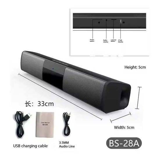 Black bs-28a rechargeable wireless bluetooth speaker home theater soundbar powerful with textured grille and rectangular design