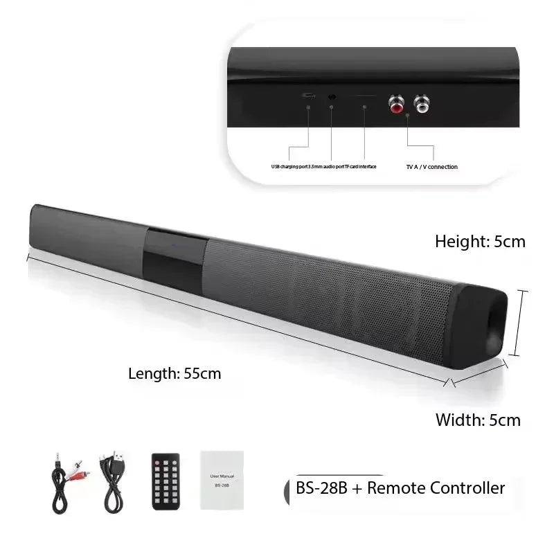 Black 55cm rechargeable wireless bluetooth speaker home theater soundbar powerful with silver trim and multiple connectivity ports