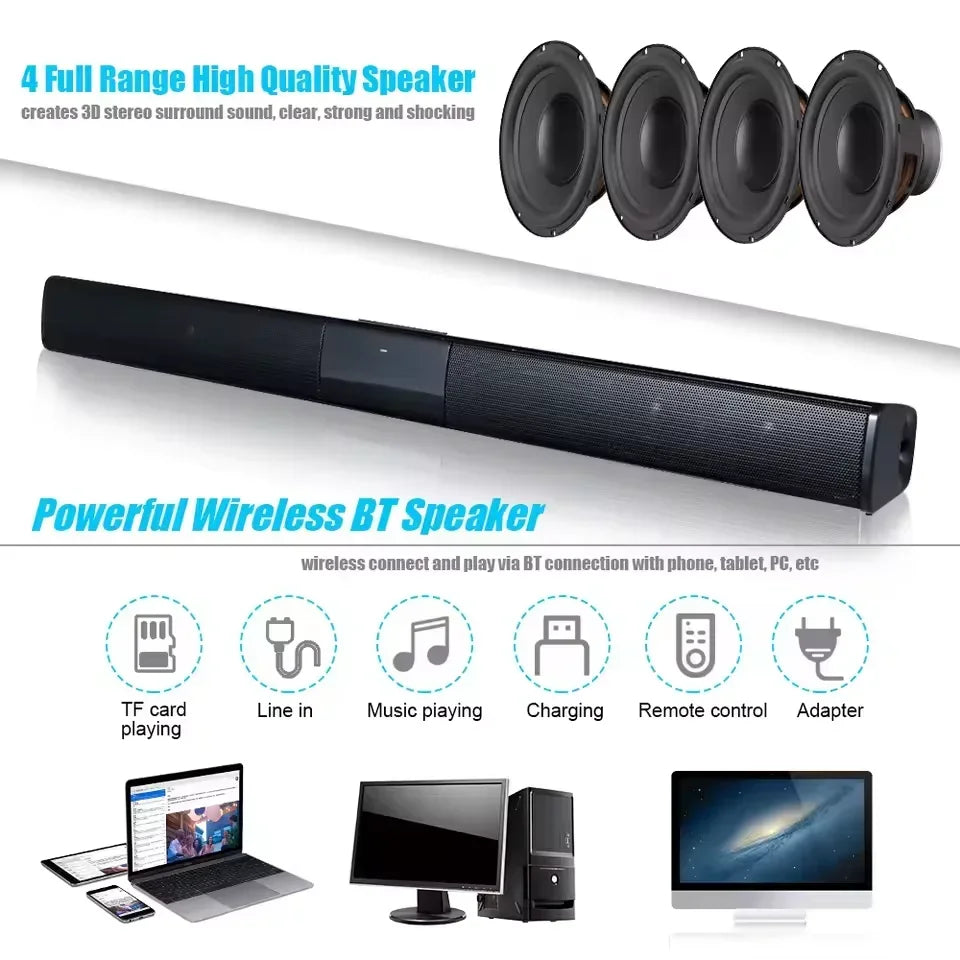 Black rechargeable wireless bluetooth speaker with sleek elongated design and textured surface for home theater soundbar powerful use