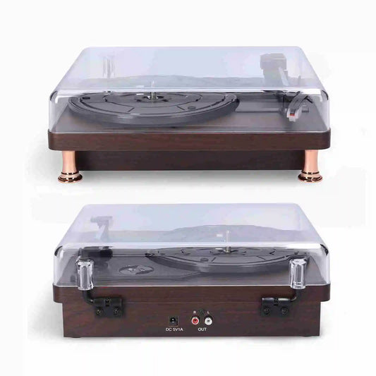 Dark wood-finish vintage-style record player 33rpm 45rpm 78rpm with clear acrylic cover and rose gold feet for home decor