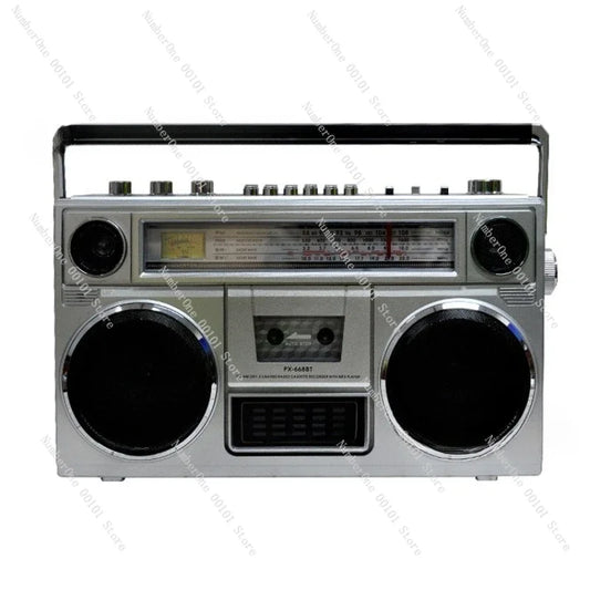 Silver and black retro-style cassette recorder radio with dual speakers, cassette tape usb, and analog radio dial