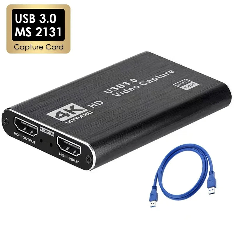 Black usb 3.0 recording box 4k 30hz video capture card with brushed metal finish and hdmi ports for live streaming grabber