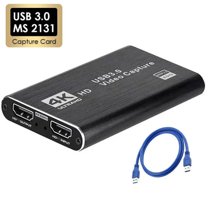 Black usb 3.0 recording box 4k 30hz video capture card with brushed metal finish and hdmi ports for live streaming grabber