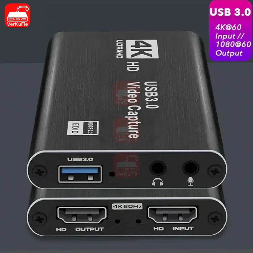 Black brushed metal usb 3.0 hd video capture device with hdmi ports for live streaming grabber and hdtv camera functionality
