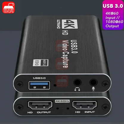 Black brushed metal usb 3.0 hd video capture device with hdmi ports for live streaming grabber and hdtv camera functionality