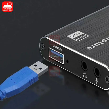 Black metallic usb 3.0 4k capture card with hdmi 2.1 and audio jack ports for live streaming grabber and hdtv camera functionality
