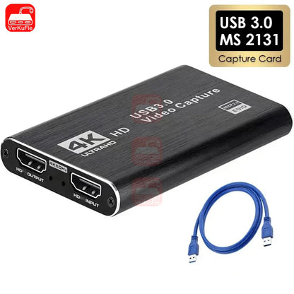 Black usb 3.0 live streaming grabber video capture card with hdmi ports supporting 4k ultra hd for hdtv camera functionality