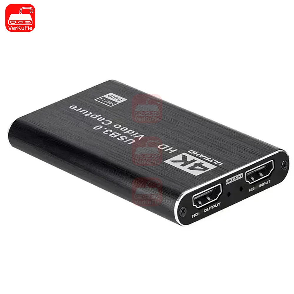 Black rectangular usb 3.0 live streaming grabber with brushed metal finish and multiple hdmi ports for hdtv camera functionality